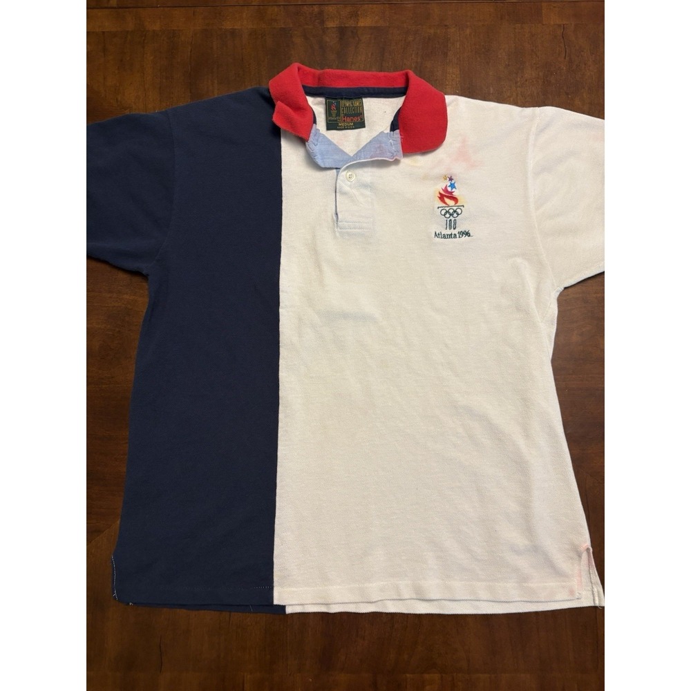 Vintage Atlanta 1996 Olympics Polo Shirt Hanes USA Made Colorblock Men's Medium